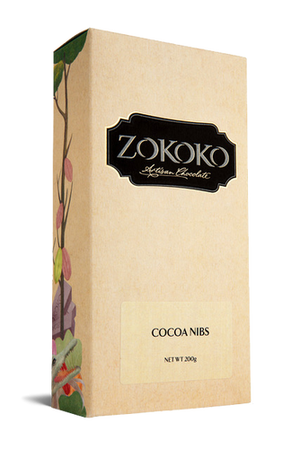 Zokoko Artisan Cocoa Nibs in a light brown 200g package