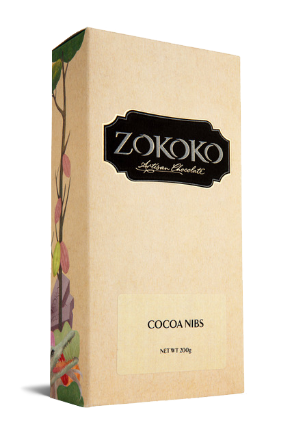Zokoko Artisan Cocoa Nibs in a light brown 200g package