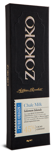 Zokoko Bean to Bar Chocolate in premium 85g dark boxed packaging and label Chale Milk 48% Cacao Milk Chocolate