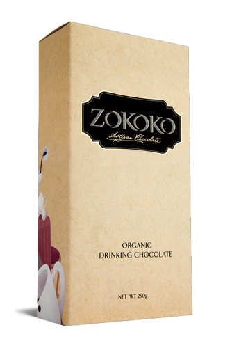 Zokoko Artisan Organic Drinking Chocolate in a light brown 250g package