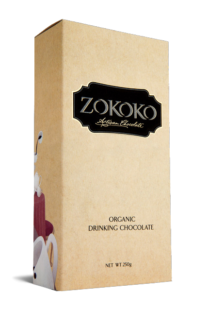 Zokoko Artisan Organic Drinking Chocolate in a light brown 250g package