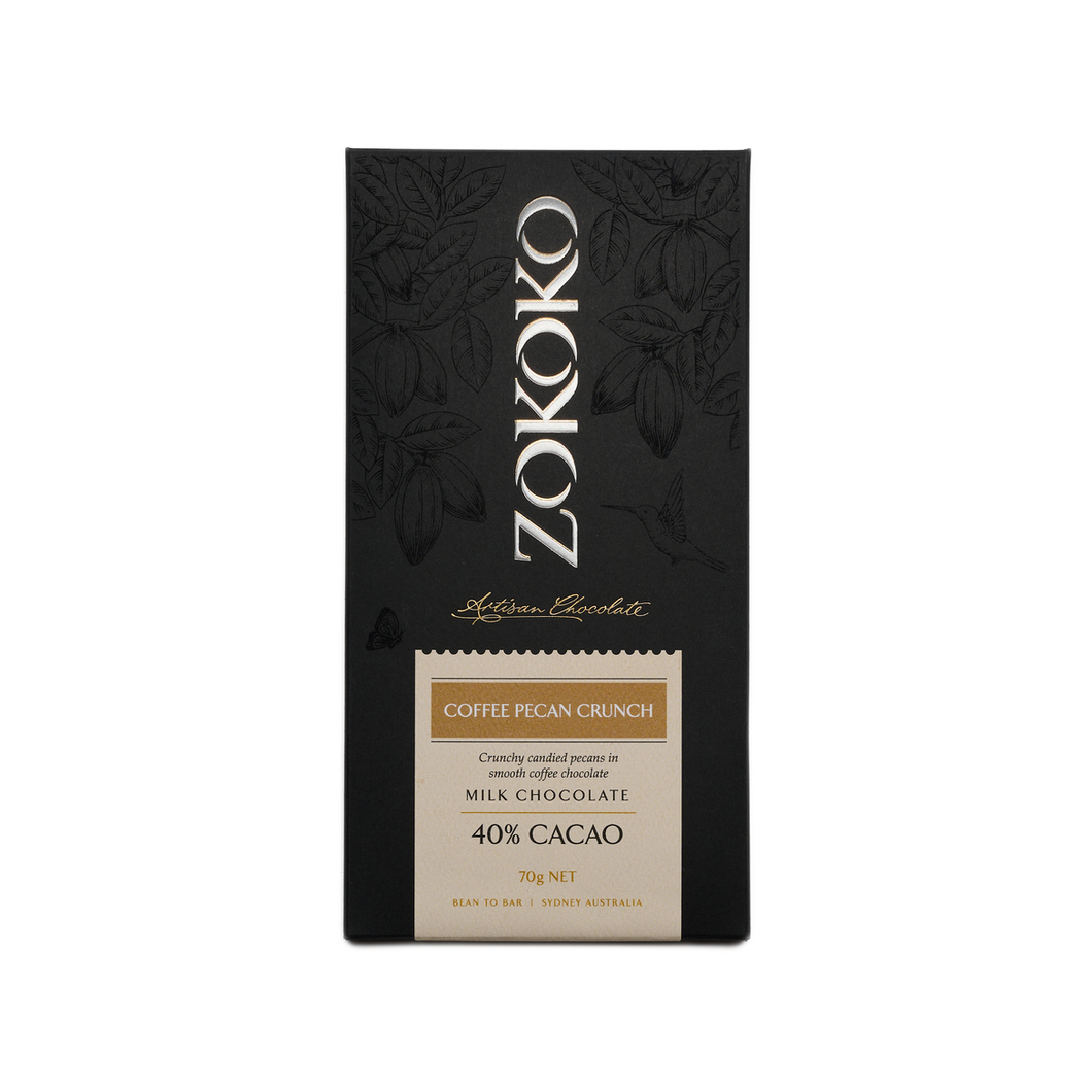 Zokoko artisan chocolate in 70g dark premium packaging, label with coffee pecan crunch milk chocolate, 40% cacao