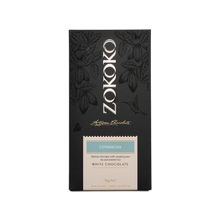 Load image into Gallery viewer, Zokoko artisan chocolate in 70g dark premium packaging, label with Genmaicha, Matcha White Chocolate, 40% cacao
