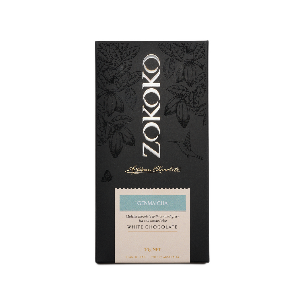Zokoko artisan chocolate in 70g dark premium packaging, label with Genmaicha, Matcha White Chocolate, 40% cacao
