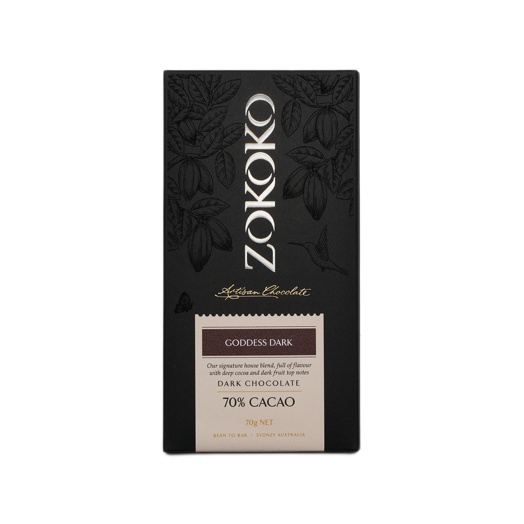 Zokoko Bean to Bar Chocolate in premium 70g dark boxed packaging, label Goddess Dark Chocolate, 70% Cacao