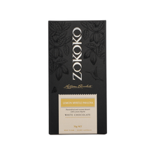 Load image into Gallery viewer, Zokoko artisan chocolate in 70g dark premium packaging, label with lemon myrtle pavlova white chocolate
