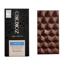 Load image into Gallery viewer, Zokoko Bean to Bar Chocolate in premium 70g dark boxed packaging and label Mbingu 52% Cacao Milk Chocolate
