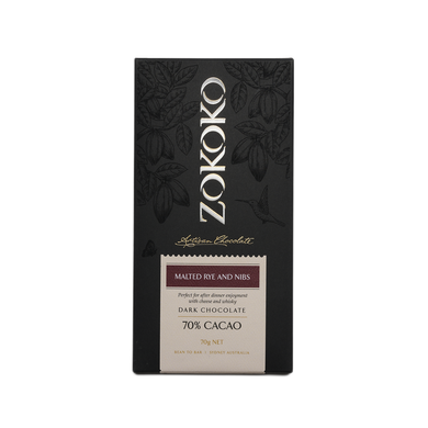 Zokoko artisan chocolate in 70g dark premium packaging, label with malted rye and nibs, 70% cacao