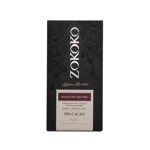 Zokoko artisan chocolate in 70g dark premium packaging, label with malted rye and nibs, 70% cacao