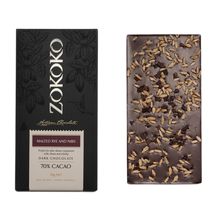 Load image into Gallery viewer, Zokoko artisan chocolate in 70g dark premium packaging, label with malted rye and nibs, 70% cacao
