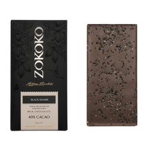 Load image into Gallery viewer, Zokoko artisan chocolate in 70g dark premium packaging, label with black sesame milk chocolate, 40% cacao
