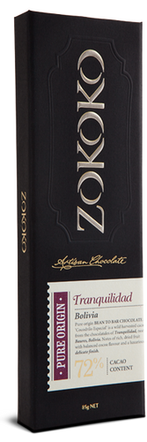 Zokoko Bean to Bar Chocolate in premium 85g packaging - Tranquilidad 72% Cacao Dark Chocolate