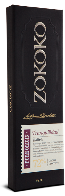 Zokoko Bean to Bar Chocolate in premium 85g packaging - Tranquilidad 72% Cacao Dark Chocolate