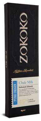 Zokoko Bean to Bar Chocolate in premium 85g dark boxed packaging and label Chale Milk 48% Cacao Milk Chocolate