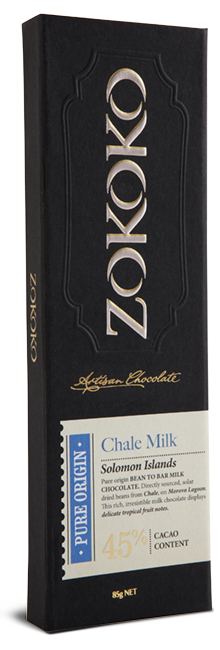 Zokoko Bean to Bar Chocolate in premium 85g dark boxed packaging and label Chale Milk 48% Cacao Milk Chocolate