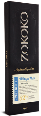 Zokoko Bean to Bar Chocolate in premium 85g dark boxed packaging and label Mbingu 52% Cacao Milk Chocolate