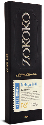 Zokoko Bean to Bar Chocolate in premium 85g dark boxed packaging and label Mbingu 52% Cacao Milk Chocolate