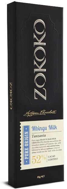 Zokoko Bean to Bar Chocolate in premium 85g dark boxed packaging and label Mbingu 52% Cacao Milk Chocolate