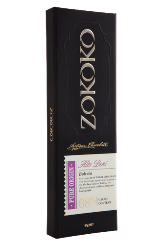 Zokoko Bean to Bar Chocolate in premium packaging - Alto Beni 68% Cacao Dark Chocolate