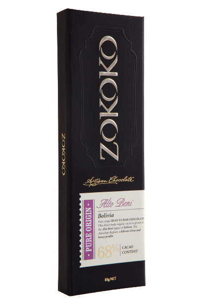 Zokoko Bean to Bar Chocolate in premium packaging - Alto Beni 68% Cacao Dark Chocolate