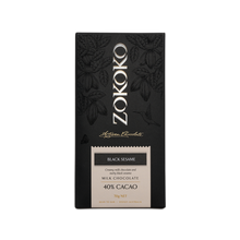 Load image into Gallery viewer, Zokoko artisan chocolate in 70g dark premium packaging, label with black sesame milk chocolate, 40% cacao
