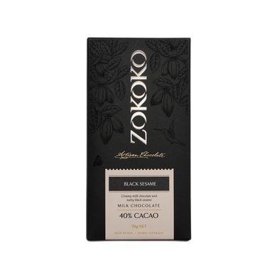 Zokoko artisan chocolate in 70g dark premium packaging, label with black sesame milk chocolate, 40% cacao