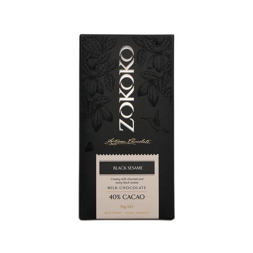 Zokoko artisan chocolate in 70g dark premium packaging, label with black sesame milk chocolate, 40% cacao