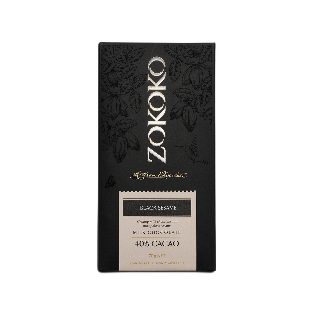 Zokoko artisan chocolate in 70g dark premium packaging, label with black sesame milk chocolate, 40% cacao