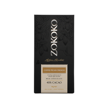 Load image into Gallery viewer, Zokoko artisan chocolate in 70g dark premium packaging, label with coffee pecan crunch milk chocolate, 40% cacao
