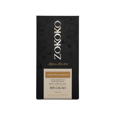 Zokoko artisan chocolate in 70g dark premium packaging, label with coffee pecan crunch milk chocolate, 40% cacao