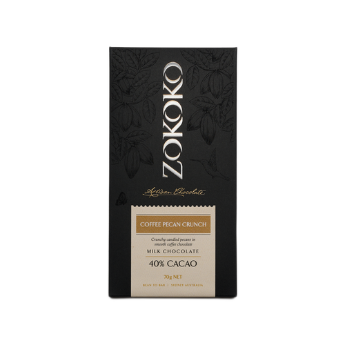 Zokoko artisan chocolate in 70g dark premium packaging, label with coffee pecan crunch milk chocolate, 40% cacao