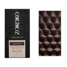 Load image into Gallery viewer, Zokoko Bean to Bar Chocolate in premium 70g dark boxed packaging, label Goddess Dark Chocolate, 70% Cacao.
