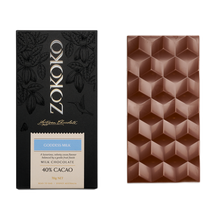 Load image into Gallery viewer, Zokoko Bean to Bar Milk Chocolate in premium 70g dark coloured packaging, label Goddess Milk 40% Cacao Milk Chocolate
