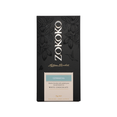 Zokoko artisan chocolate in 70g dark premium packaging, label with Genmaicha, Matcha White Chocolate, 40% cacao