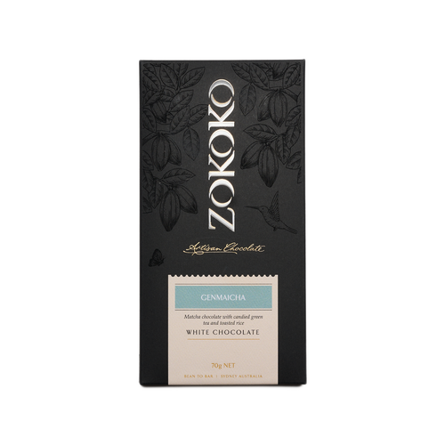 Zokoko artisan chocolate in 70g dark premium packaging, label with Genmaicha, Matcha White Chocolate, 40% cacao