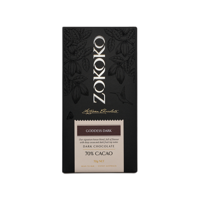 Zokoko Bean to Bar Chocolate in premium 70g dark boxed packaging, label Goddess Dark Chocolate, 70% Cacao