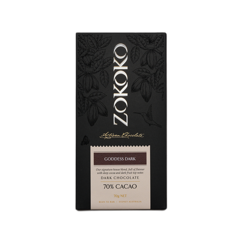 Zokoko Bean to Bar Chocolate in premium 70g dark boxed packaging, label Goddess Dark Chocolate, 70% Cacao