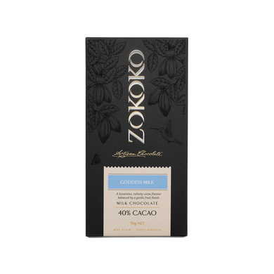 Zokoko Bean to Bar Milk Chocolate in premium 70g dark coloured packaging, label Goddess Milk 40% Cacao Milk Chocolate