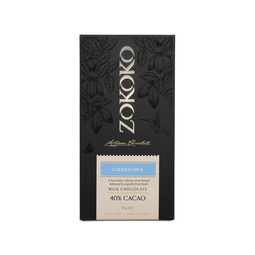 Zokoko Bean to Bar Milk Chocolate in premium 70g dark coloured packaging, label Goddess Milk 40% Cacao Milk Chocolate
