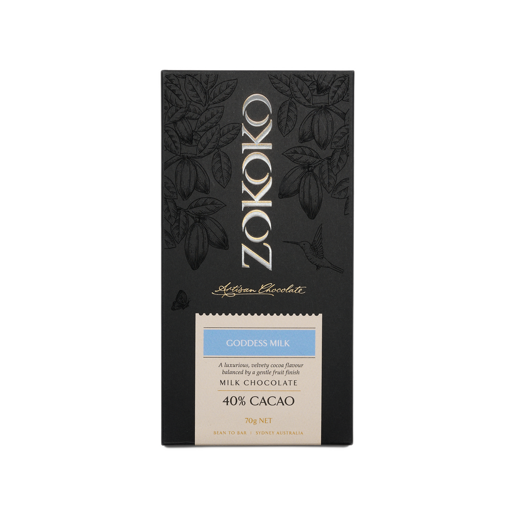 Zokoko Bean to Bar Milk Chocolate in premium 70g dark coloured packaging, label Goddess Milk 40% Cacao Milk Chocolate