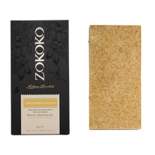 Load image into Gallery viewer, Zokoko artisan chocolate in 70g dark premium packaging, label with lemon myrtle pavlova white chocolate

