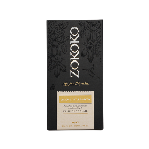 Zokoko artisan chocolate in 70g dark premium packaging, label with lemon myrtle pavlova white chocolate