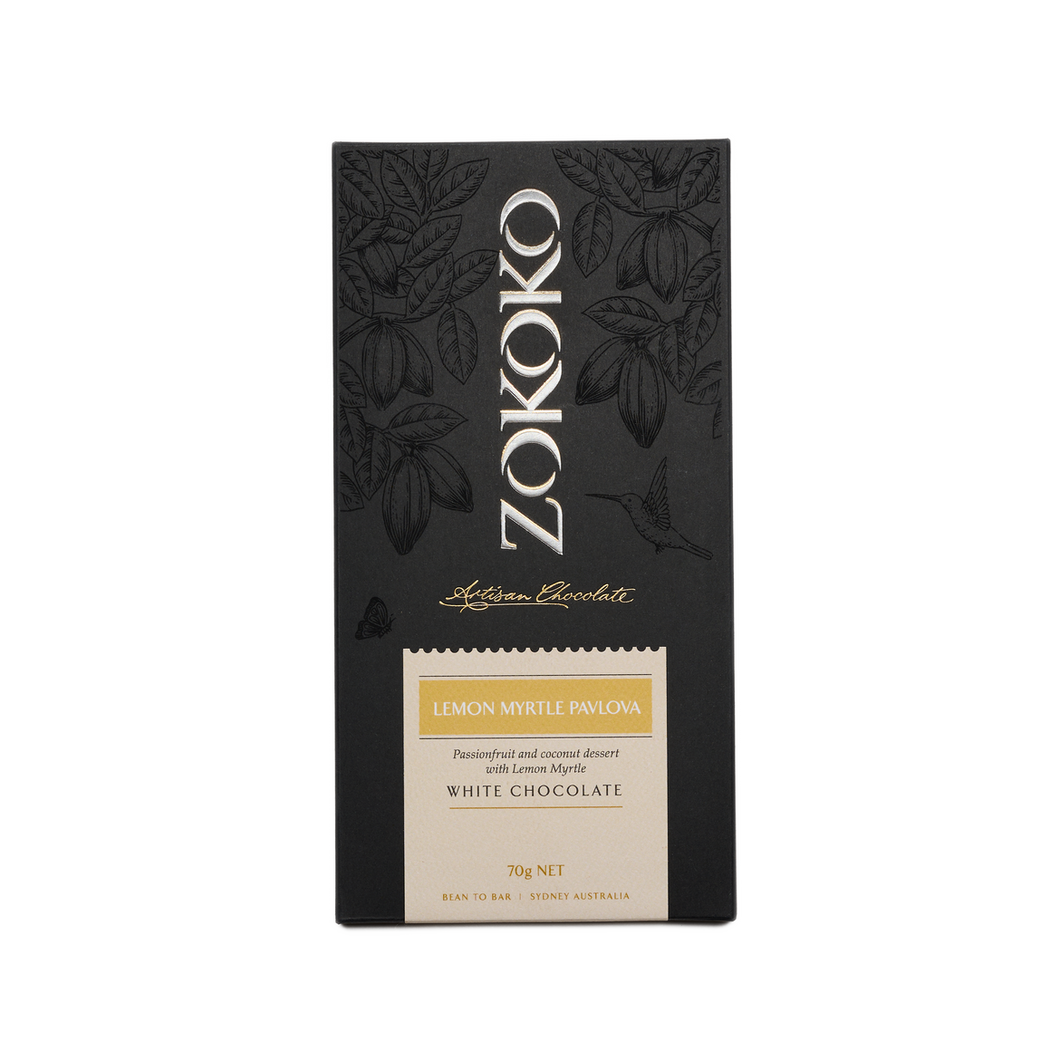 Zokoko artisan chocolate in 70g dark premium packaging, label with lemon myrtle pavlova white chocolate