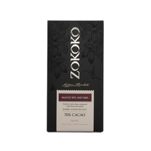 Load image into Gallery viewer, Zokoko artisan chocolate in 70g dark premium packaging, label with malted rye and nibs, 70% cacao
