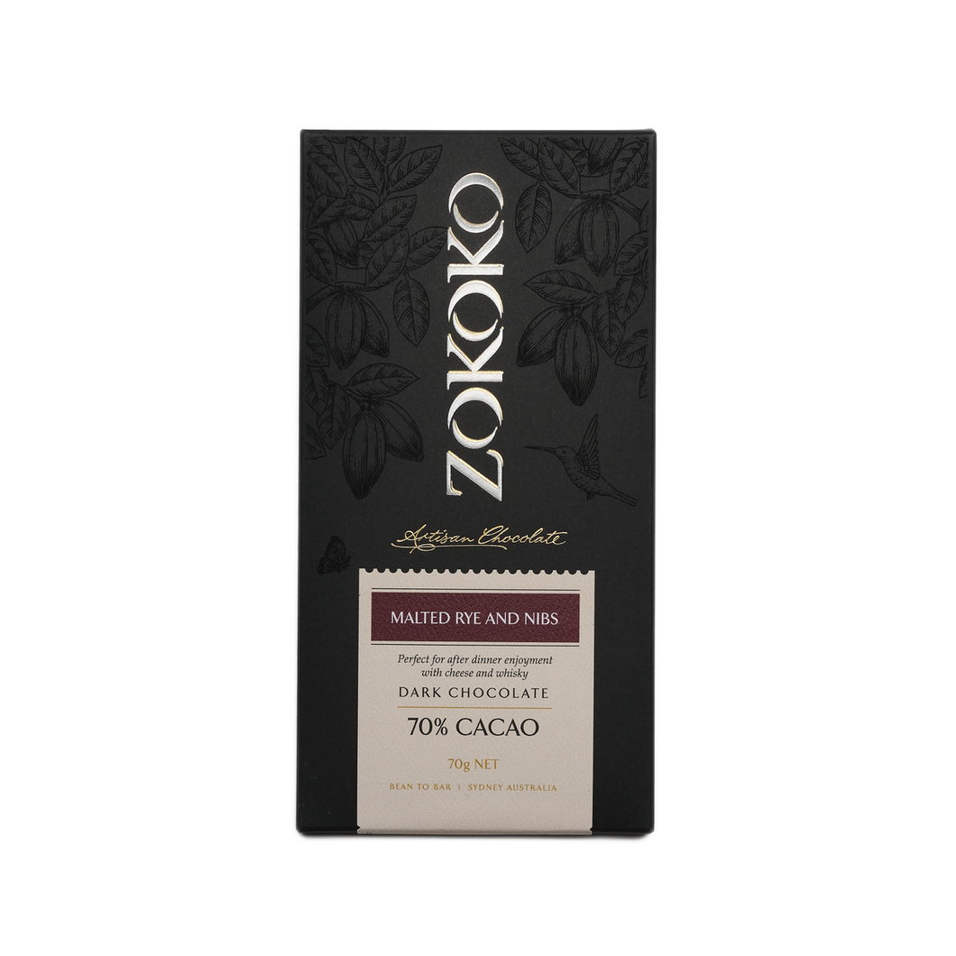 Zokoko artisan chocolate in 70g dark premium packaging, label with malted rye and nibs, 70% cacao