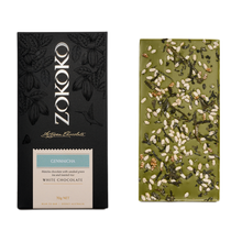 Load image into Gallery viewer, Zokoko artisan chocolate in 70g dark premium packaging, label with Genmaicha, Matcha White Chocolate, 40% cacao
