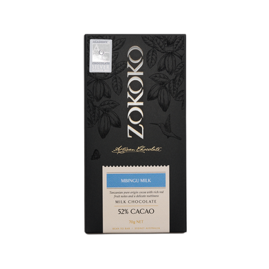Zokoko Bean to Bar Chocolate in premium 70g dark boxed packaging and label Mbingu 52% Cacao Milk Chocolate