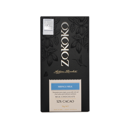 Zokoko Bean to Bar Chocolate in premium 70g dark boxed packaging and label Mbingu 52% Cacao Milk Chocolate