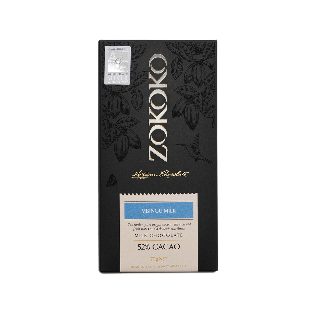 Zokoko Bean to Bar Chocolate in premium 70g dark boxed packaging and label Mbingu 52% Cacao Milk Chocolate