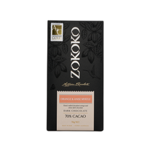 Load image into Gallery viewer, Zokoko artisan chocolate in 70g dark premium packaging, label with orange and anise myrtle dark chocolate, 70% cacao
